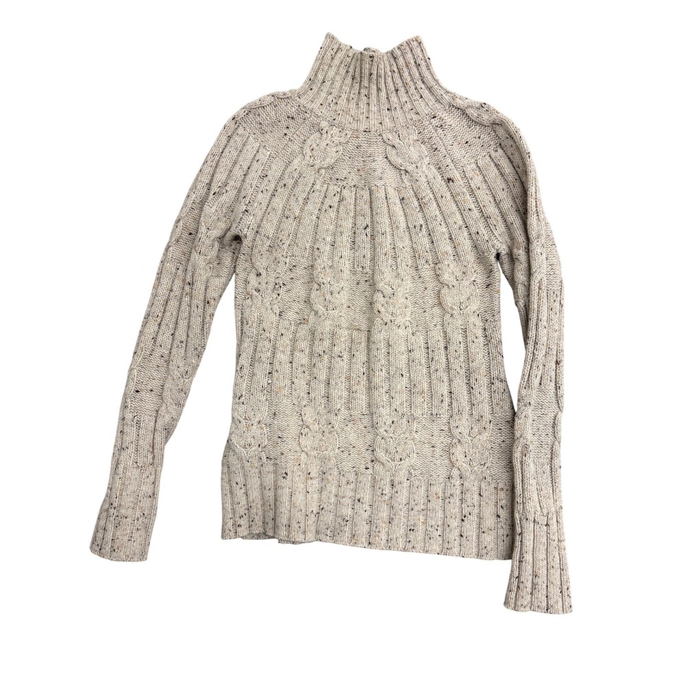 Athleta Womens Wool Cashmere Blend Cable Knit Mock Neck Sweater Beige Fleck L